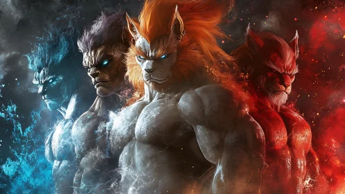 Elemental lion warriors stand united in swirling cosmic fire.
