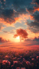 Radiant sunset tree over luminous wildflower meadow field.