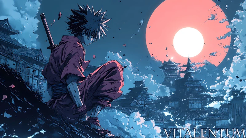 Lone samurai watches neon moon over dense cyber city