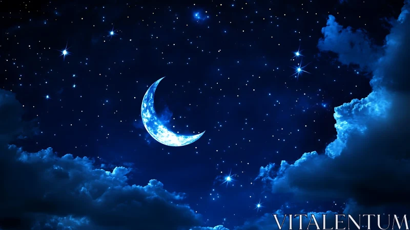 Crescent moon glows amid saturated indigo starscape clouds