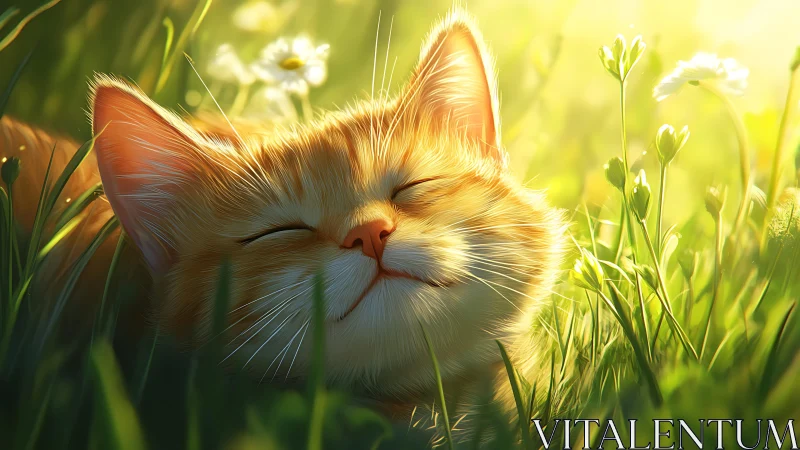 Ginger kitten in sunlit meadow, shallow depth and backlighting