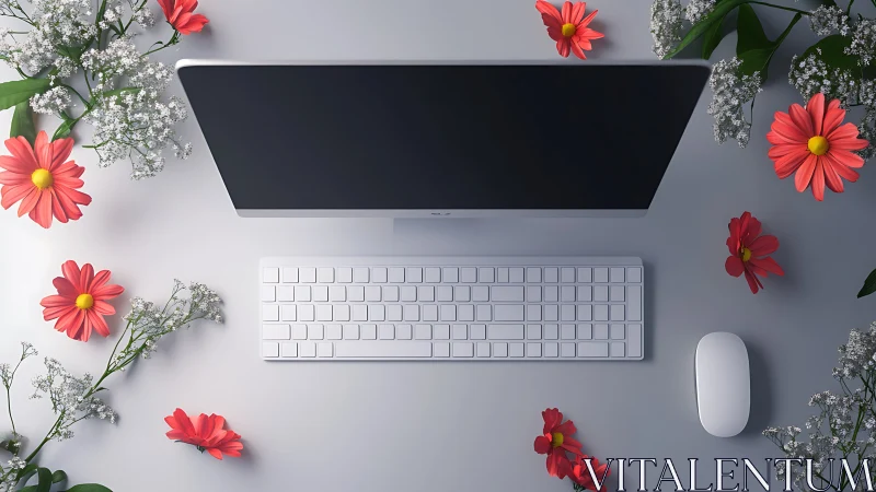 Minimalist desktop workspace with bright flowers and iMac.