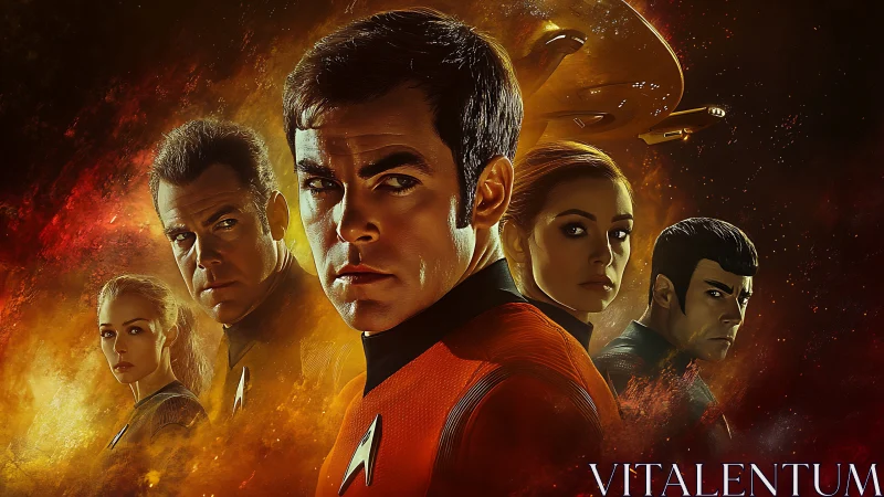 Heroic starship crew stands united against cosmic danger