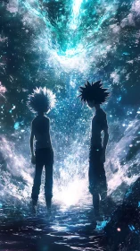 Celestial vortex silhouettes under bioluminescent cascade.