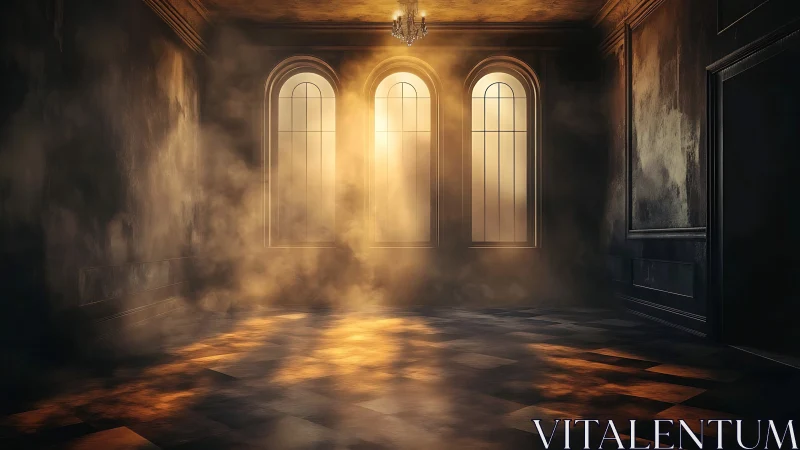 Volumetric sunlight through arched windows in dusty hall.