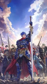 Blue armored hero leads fantasy warriors under bright sky.