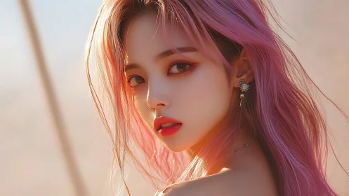 Side profile of pink haired woman in soft daylight portrait.