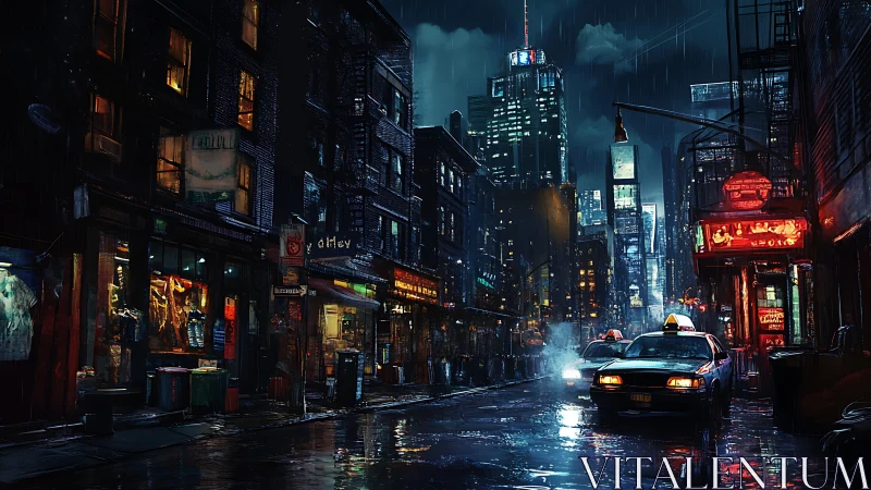 Nocturnal rainfall taxis in neon-saturated urban canyon street.