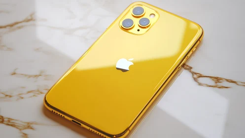 Golden iPhone 12 Pro with triple camera system positioned on marble surface