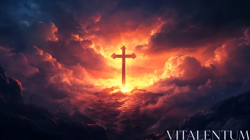 Radiant cross blazing through storm-swept twilight clouds.