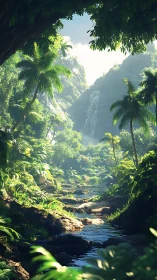 Tropical Jungle Canyon with Waterfall Stream and Palm Trees