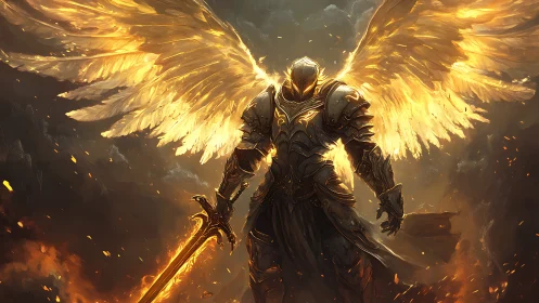 Armored seraph warrior with luminous flaming wings and sword poised