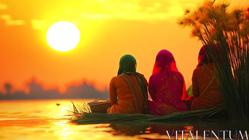 Three women in colorful saris at riverside, sunset photography.