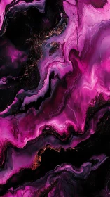 Magenta fluid acrylic marbling with black voids and metallic flecks