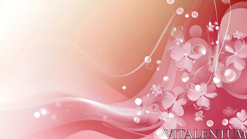 Elegant Pink Floral Design with Flowing Waves and Bubbles