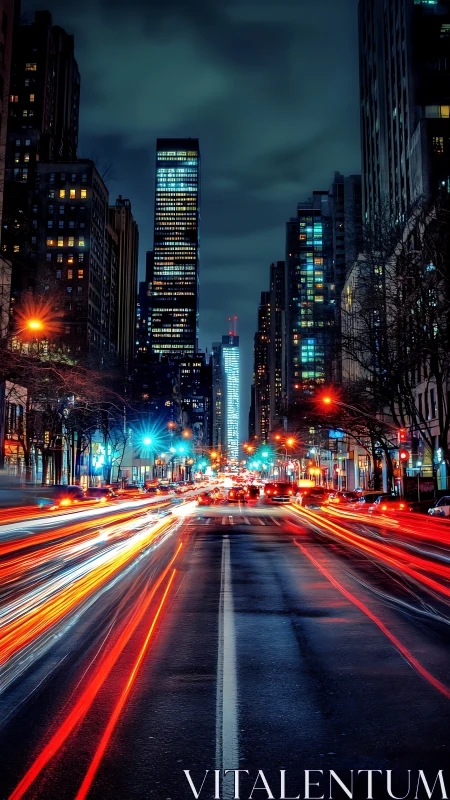 Neon city avenue glowing with fast night traffic and life.