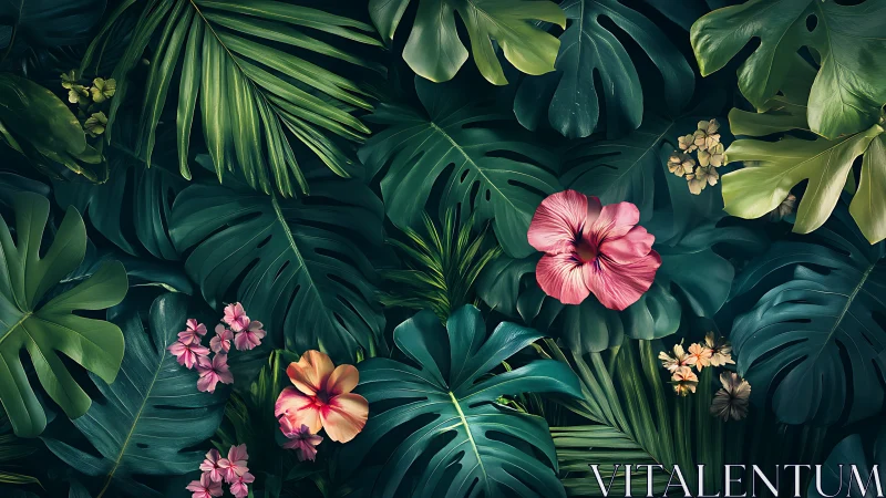 Tropical foliage closeup with hibiscus blossoms and deep teal leaves.