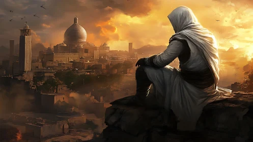 Hooded watcher drinks the desert sunset over ancient domes