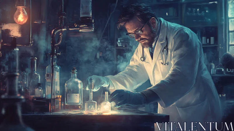 Lab-coated researcher manipulates volatile reagents under moody backlight