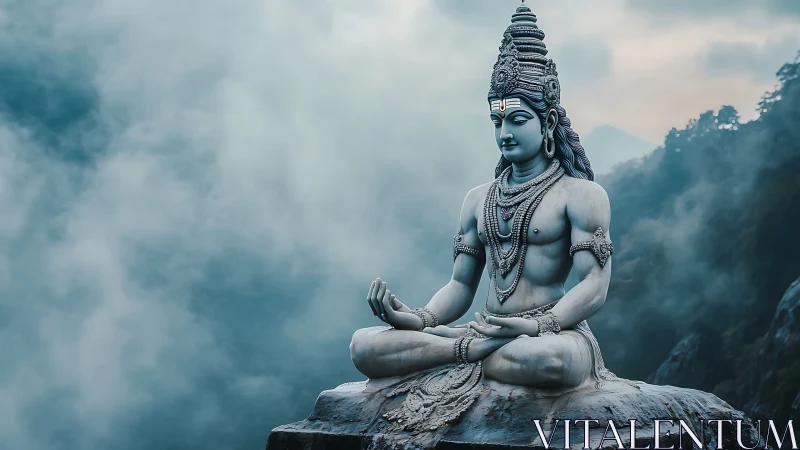 Serene mountain deity statue sits in silent blue morning mist