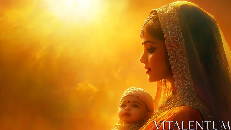 Digital portrait of Indian mother and child in golden light.