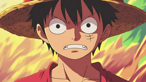 Straw hat hero in tense close-up anime portrait.