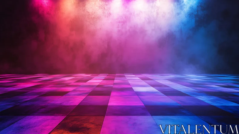 Geometric dance floor under colored fog stage lighting.