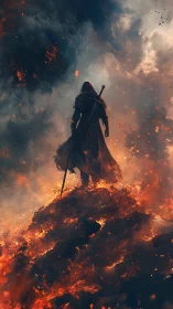 Lone ember knight climbing a volcano of unquiet ashes.