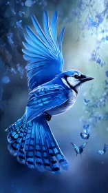 Blue Jay in Flight Surrounded by Ethereal Butterflies