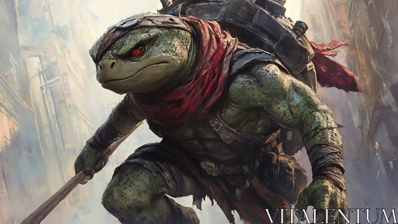 Armored mutant turtle warrior rushes through ruined city streets.