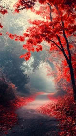 Scarlet forest path winding through misty autumn light.