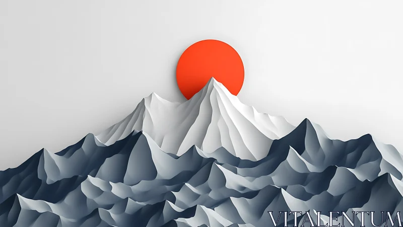 Bold red sun rises over calm layered paper mountainscape