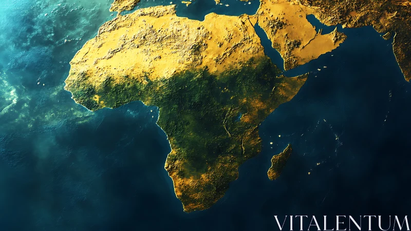 Satellite style view of Africa and surrounding seas.