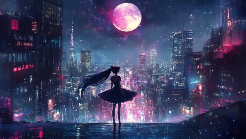 Silhouetted girl over neon cyberpunk city at full moon.