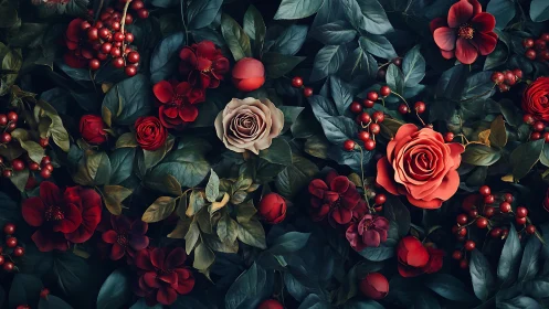 Moody Floral Composition: Deep Red Roses Surrounding Neutral Bloom Center