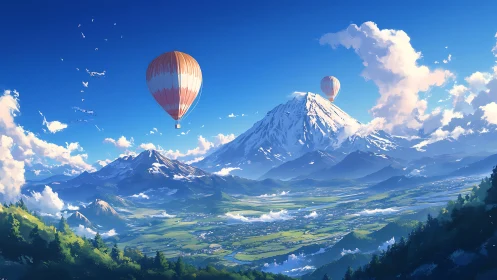 Skybound balloons drift above sunlit alpine valleys.