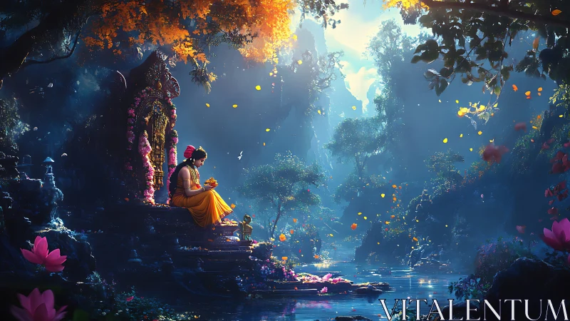 Serene temple ritual beside illuminated forest river scene.