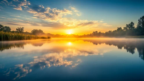 Photorealistic sunrise over misted lake with mirror symmetry.