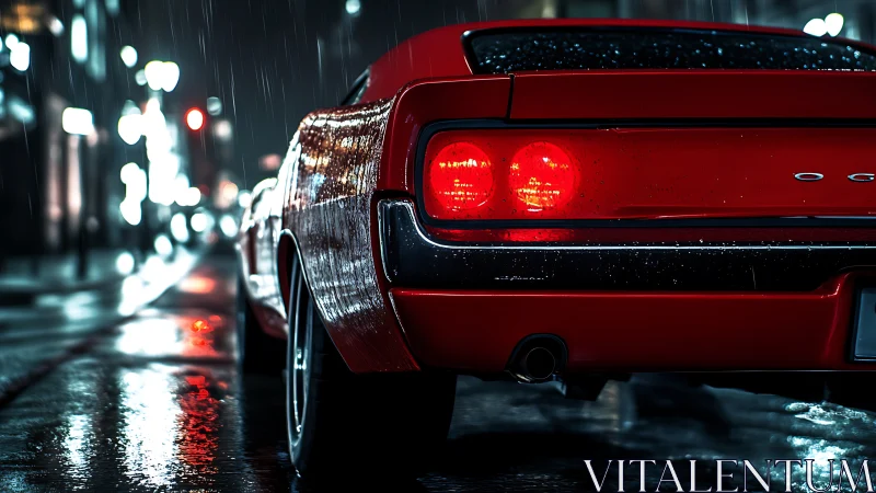 Noir night streetscape with red sports coupe profile study.