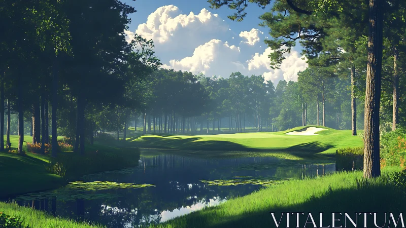 Sunlit fairway lagoon under whispering pine shadows.