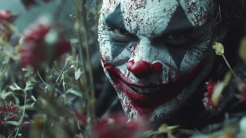 Sinister clown portrait within decayed autumn flowers.