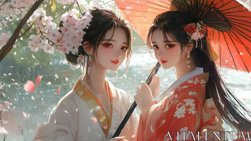 Two hanfu women under parasol in soft backlit blossom environment