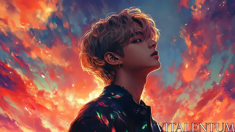 Radiant sunset sky crowns a thoughtful young dreamer