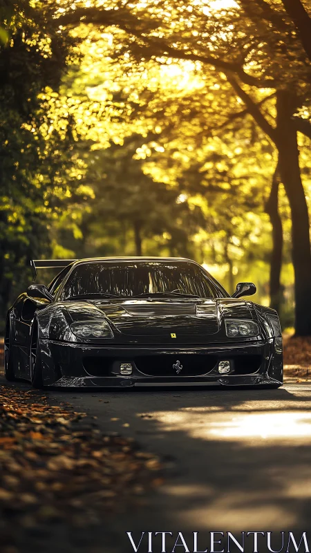 Widebody black Ferrari on forest road under strong bokeh lighting