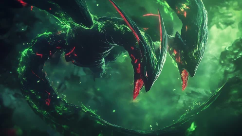 Twin-headed void serpent in radioactive emerald storm.