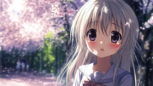 Springtime bokeh rendering of anime schoolgirl under sakura canopy.