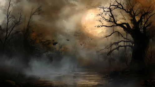 Haunted moonlit swamp broods beneath a looming autumn sky