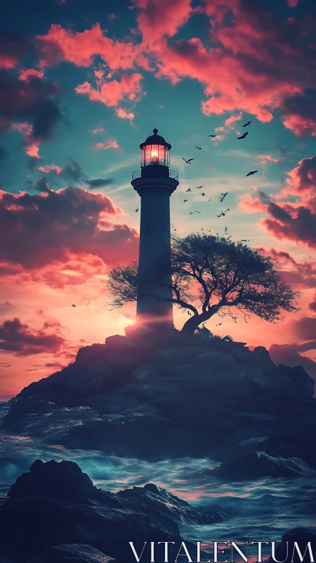 Storm-kissed lighthouse crowned by neon dusk and restless birds.