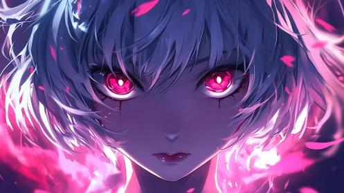 Intense anime portrait with luminous magenta eyes and dynamic petals