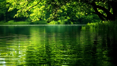 Tranquil green lake with overhanging branches in natural sunlight.